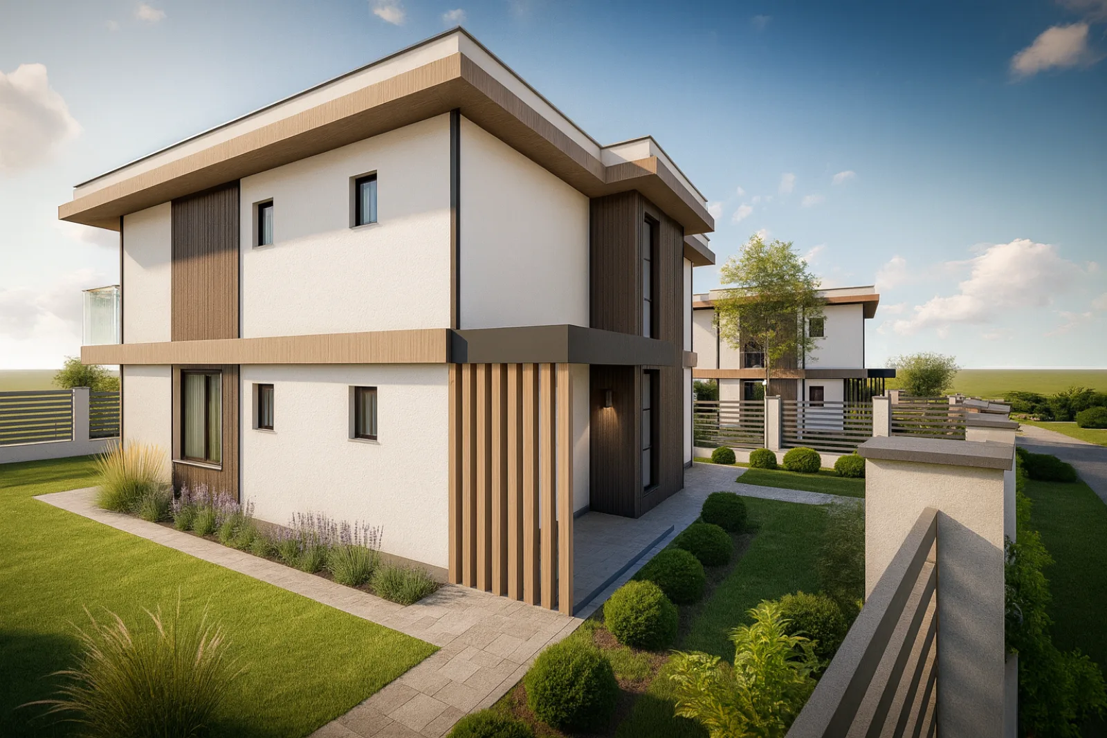 Завършен жилищен проект на Altea Build — фасада и градина